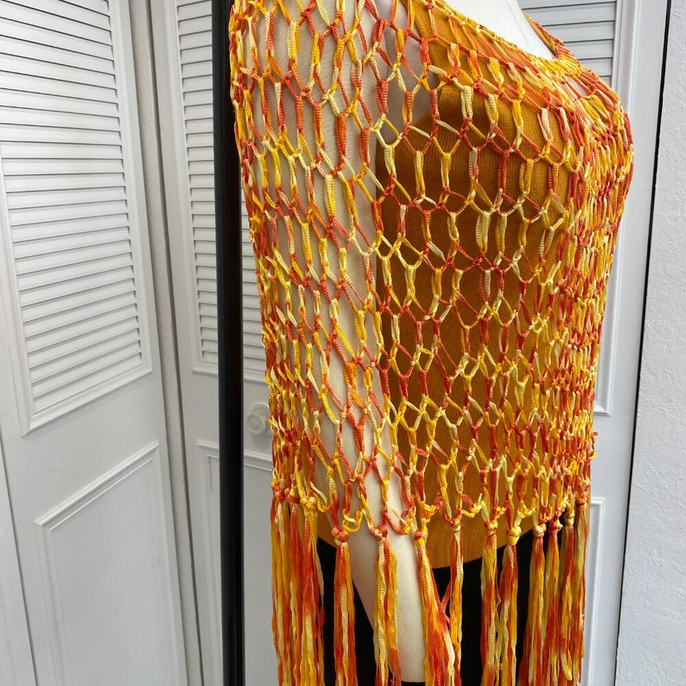 Crochet Poncho Top Oranges Tie Dye OS Doubles as Scarf - Picture 7 of 11